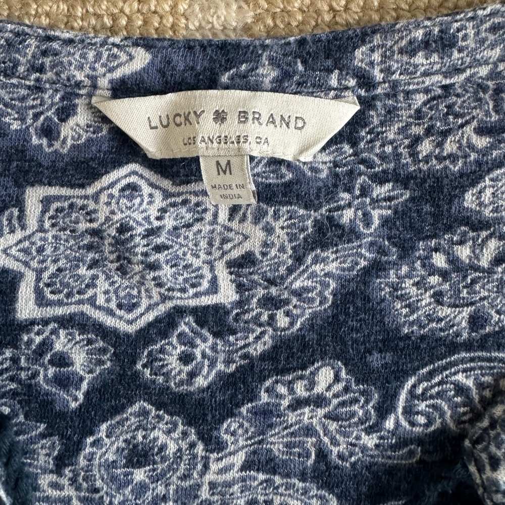 Lucky Brand Boho Floral Peasant Blouse Summer Top Festival Casual Beach Blue M - Picture 6 of 8